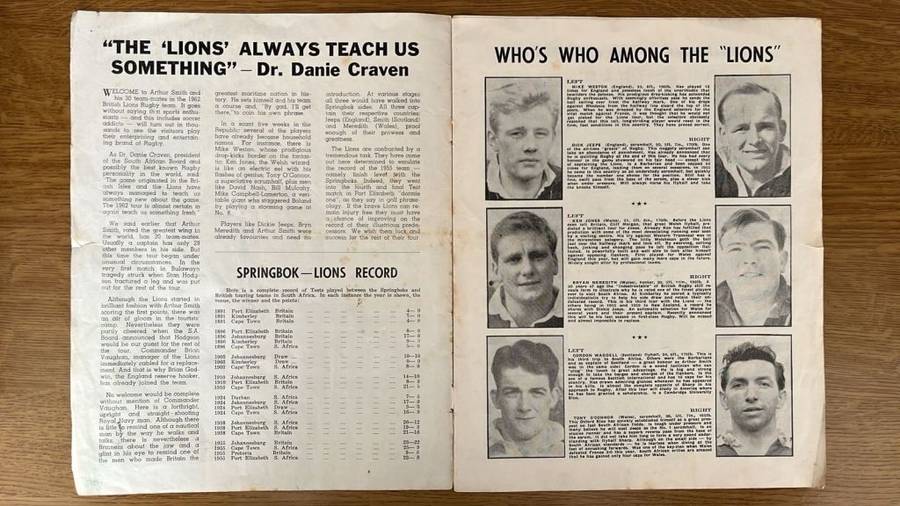 1962 British Lions vs South Africa at Ellis Park Souvenir Programme, details below