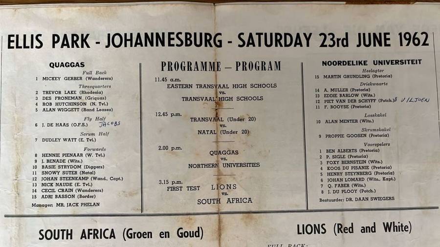 1962 British Lions vs South Africa at Ellis Park Souvenir Programme, details below
