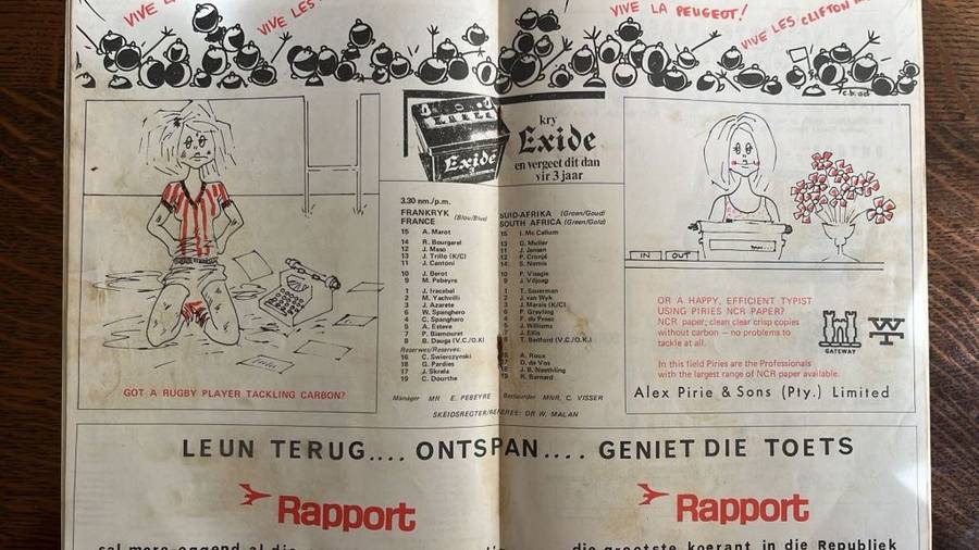 1971 France vs South Africa at Free State Stadium Programme, details below
