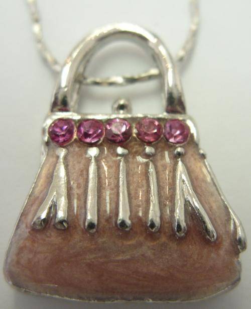 Rhodium EP Rhinestone studded Handbag Pendant on Chain
