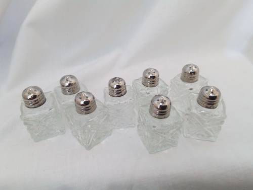 Elegant! Four small glass Salt and Pepper sets with silver plated lids