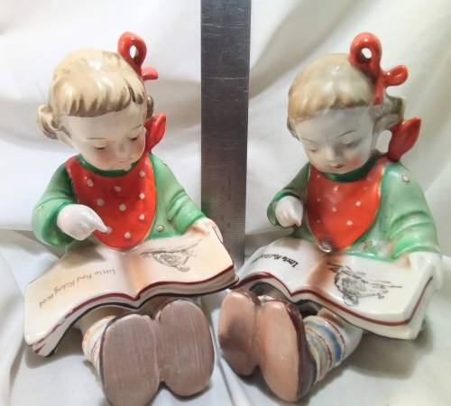 Two beautiful Hummel style little girls reading - Bookends