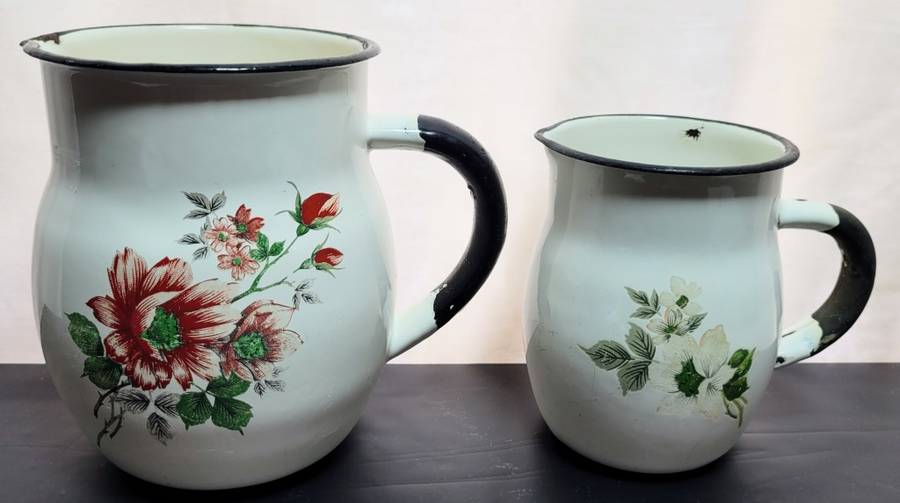 Two stunning vintage Enamel jugs
