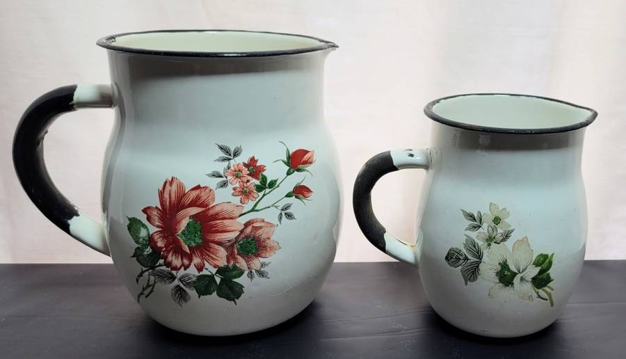 Two stunning vintage Enamel jugs