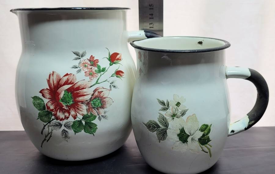 Two stunning vintage Enamel jugs