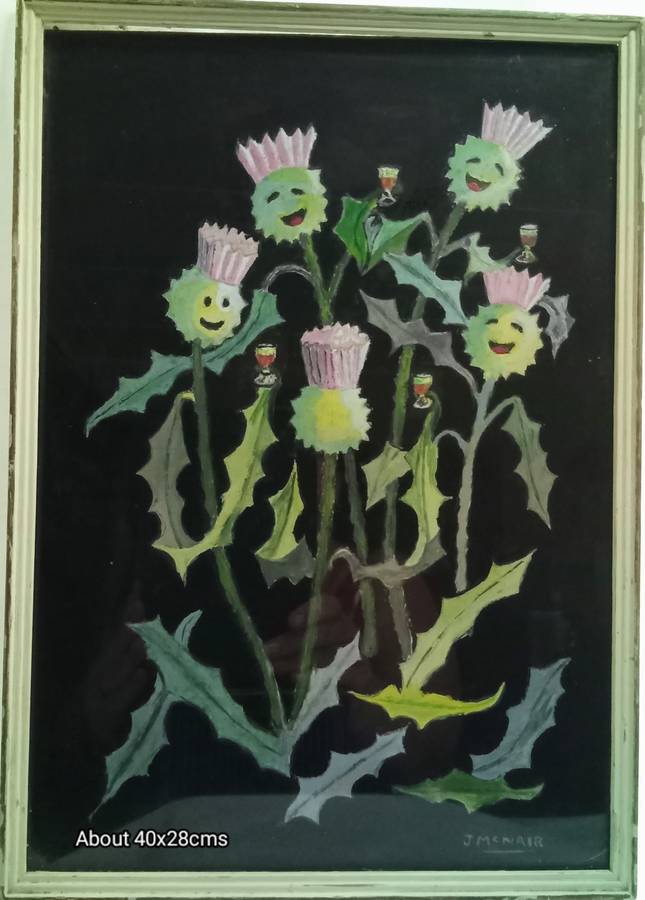 Lovely original painting of happy Thistles having a drink