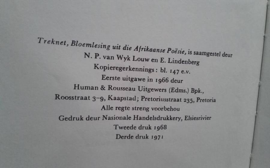 Treknet: Bloemlesing Uit Die Afr Poësie / Saamgestel Van Wyk Louw & Lindenberg (1971)