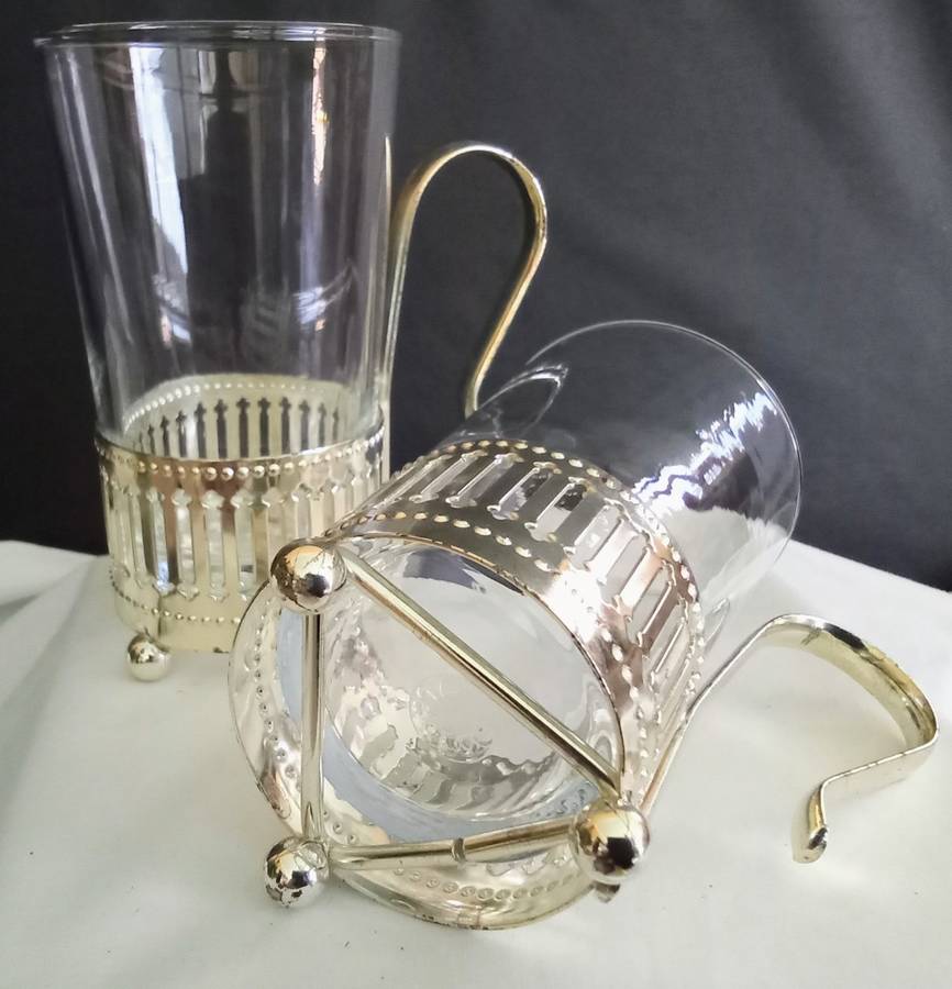 Set of 2 Beautiful Clear Glass & Silver Plate Moroccan Style Beverage Glasses