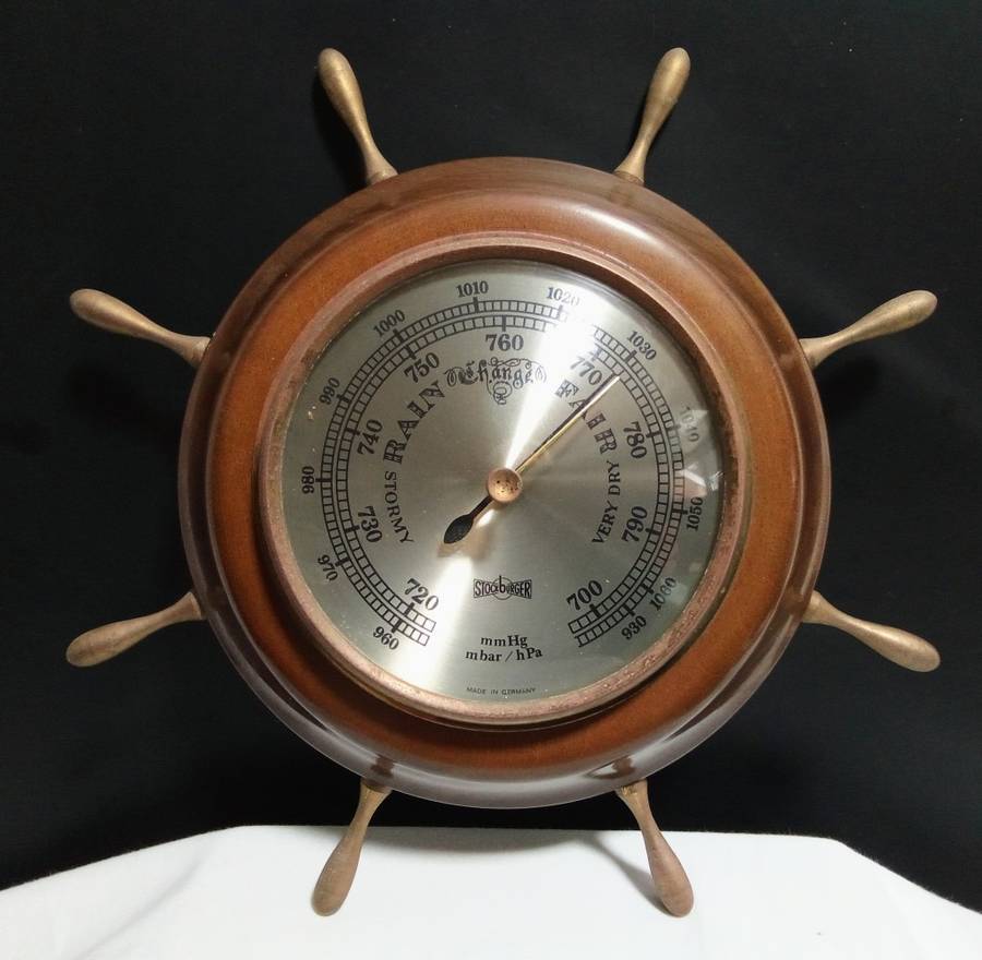 Vintage Stockburger Germany Weather Barometer Unique Brass Ship Wheel Design