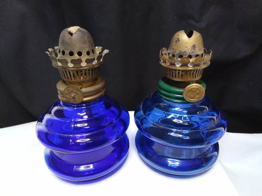 Two gorgeous Vintage medium sized blue glass oil lamp bases