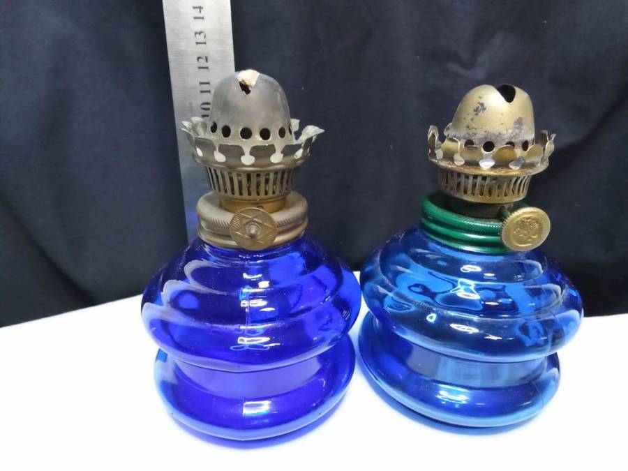 Two gorgeous Vintage medium sized blue glass oil lamp bases