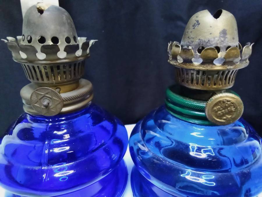 Two gorgeous Vintage medium sized blue glass oil lamp bases