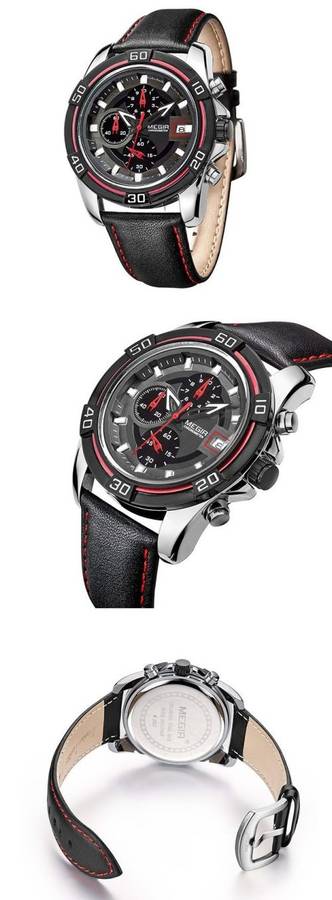 MEGIR MENS CHRONOGRAPH DATE GENUINE LEATHER WATCH - **WORKING SUB-DIALS** - BOX INCLUDED!