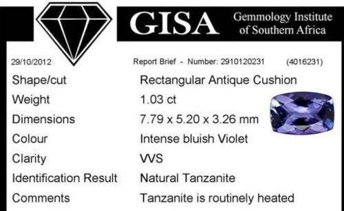 1.03 CT VVS TANZANITE - CERTIFIED