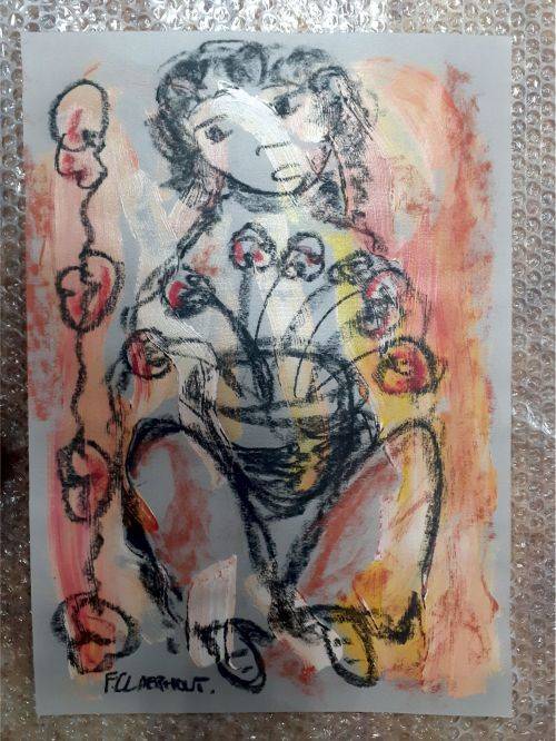 MAKE AN OFFER!! Frans Claerhout - Girl with flowers - Mixed Media - Signed and dated, COA included!!