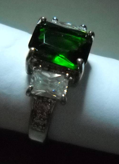 8x10mm EMERALD & CZ SIMS SET IN 14kt WHITE GOLD PLATE RING. STUNNING