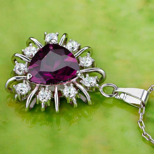Beautiful Triangle Cut Amethyst & White Topaz Set In Silver Pendant Necklace With Chain