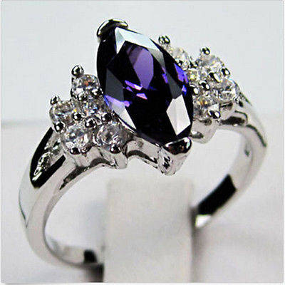 Jewelry New Ring Sz O/7 Purple Amethyst Crystal Lady's 10KT White Gold Filled Gift