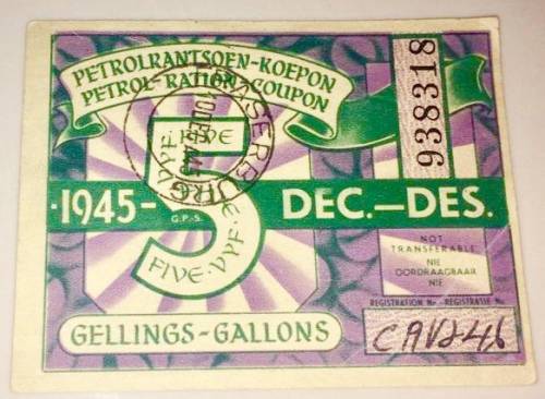 5 GALLONS 1945 DEC PETROL RATION COUPON