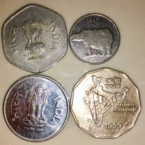 INDIA  X4,,,, SET OF 2 RUPEES,1 RUPEE 20 PAISE & 10 PAISE 1990-1999( 1 BID TAKES ALL)