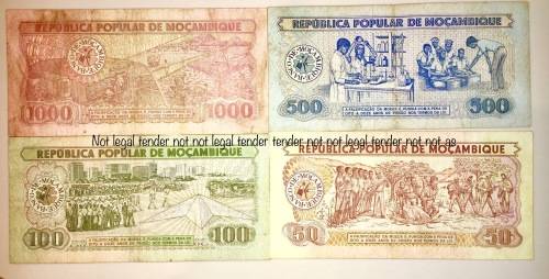 MOZAMBIQUE SET OF 4,,,,500 METICAIS TO 50 METICAIS 1980s