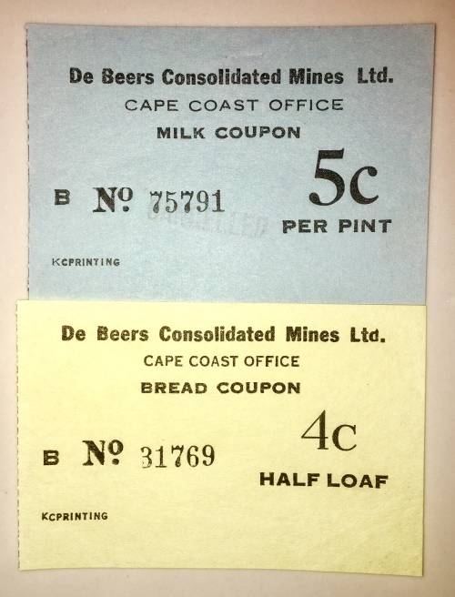 DE BEERS CONSOLIDATED MINES 4 CENT HALF LOAF & 5 CENT MILK PINT COUPONS UNC (CAPE COAST OFFICE)