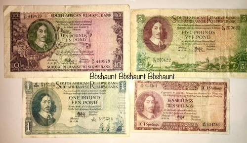 MH DE KOCK SET OF 4 X; 10 POUND, 5 POUND, 1 POUND, 10 SHILLINGS 1953 & 1959