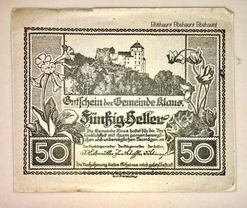 AUSTRIA ,,,,50 HELLER  KLAUS  1920 AUNC  NOTGELD (EMERGENCY MONEY)