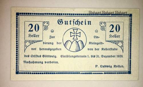 AUSTRIA  ,,  20 HELLER ROLLERTUBE 1920 CRISP UNC  NOTGELD (EMERGENCY MONEY)