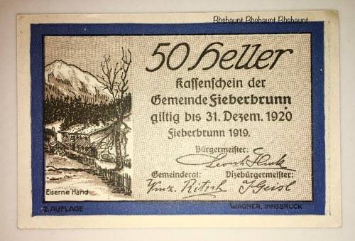 AUSTRIA ,,,50 HELLER FIEBERBRUNN 1920 CRISP UNC  NOTGELD(EMERGENCY MONEY)