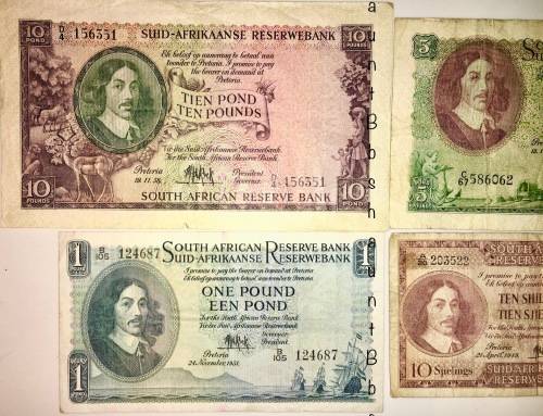 MH DE KOCK SET X 4,,, 10 POUNDS, 5 PONDS, 1 POUND, 10 SHILLINGS  (1 BID TAKES ALL)