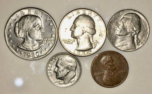 U S A SET,,,,,1 DOLLAR , 1 QUARTER, 5 CENT , 1 DIME, 1 CENT .1980[1 BID TAKE ALL]