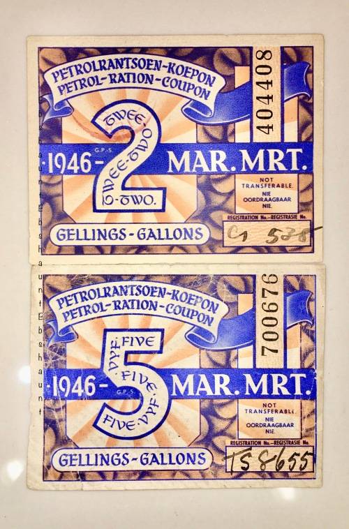 PETROL RATION COUPON SET 5 GALLONS & 2 GALLONS 1946 REGULATION OF WAR MEASURES