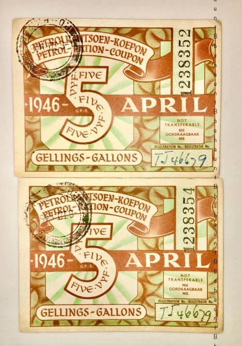 PETROL RATION COUPON X2,,, 5 GALLONS 1946 REGULATION OF WAR MEASURES