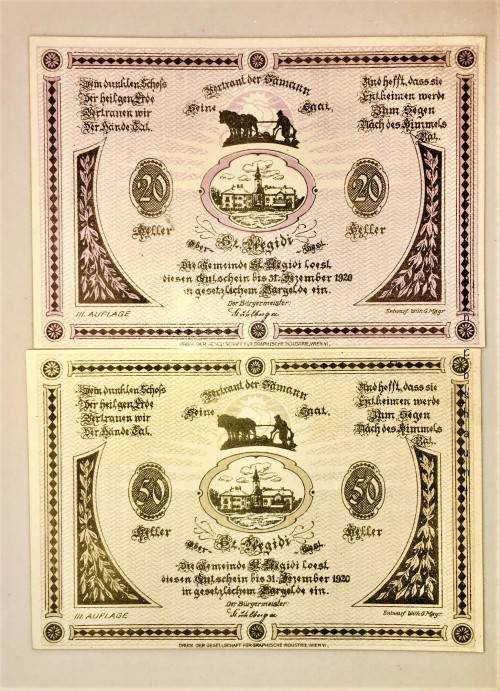AUSTRIA SET,,,50 HELLER & 20 HELLER ST, AEGIDI 1920 CRISP UNC  NOTGELD(EMERGENCY MONEY)