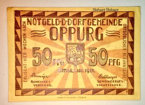 GERMANY 50 PFENNIG OPPURG 1921 UNC  NOTGELD (EMERGENCY MONEY)