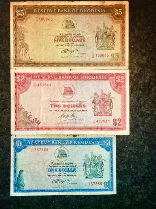 RHODESIA SET $5,,,,1978 , $2,,,1971 & $1 DOLLAR 1976 SALISBURY C.RHODES WATERMARK