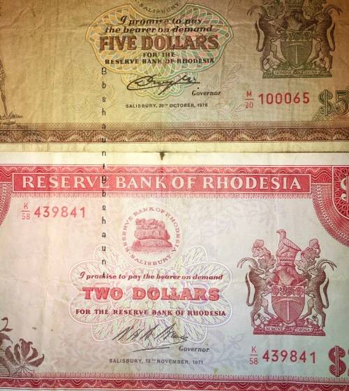 RHODESIA SET $5,,,,1978 , $2,,,1971 & $1 DOLLAR 1976 SALISBURY C.RHODES WATERMARK