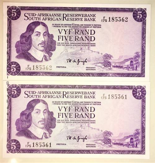 TW DE JONG X2 IN SEQUENCE F175-185361-362 UNC GEM 1967 FIRST ISSUE AFR/ENG ( 1 BID TAKES ALL)