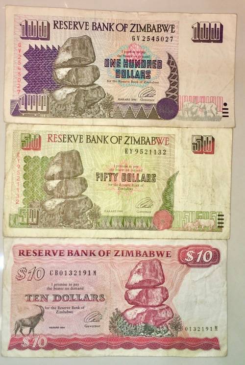ZIMBABWE SET 100 DOLLARS 1995, 50 DOLLARS  & 10 DOLLARS 1994 ( 1 BID TAKES ALL)