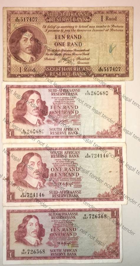 SET OF R1 NOTES ALL GOVERNORS FROM 1962-1975 RISSIK 1ST & 2ND ISSUE & TW DE JONG 1ST & 3RD ISSUE