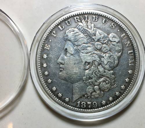 U S A SILVER MORGAN DOLLAR 1879-(142 YEARS OLD)PHILADELPHIA MINT GOOD CONDITION WITH CAPSULE