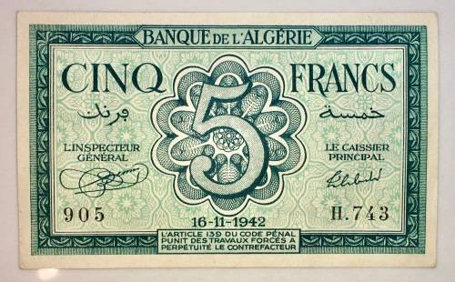 ALGERIA 5 FRANC 16-11-1942 WW2