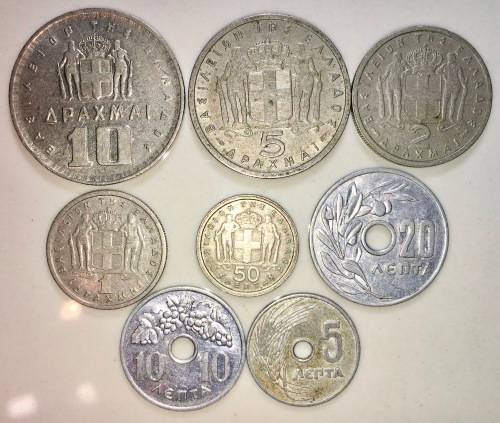 GREECE SET,,,10 DRACHMA TO  5 LEPTA 1954-59(1 BID TAKES ALL)