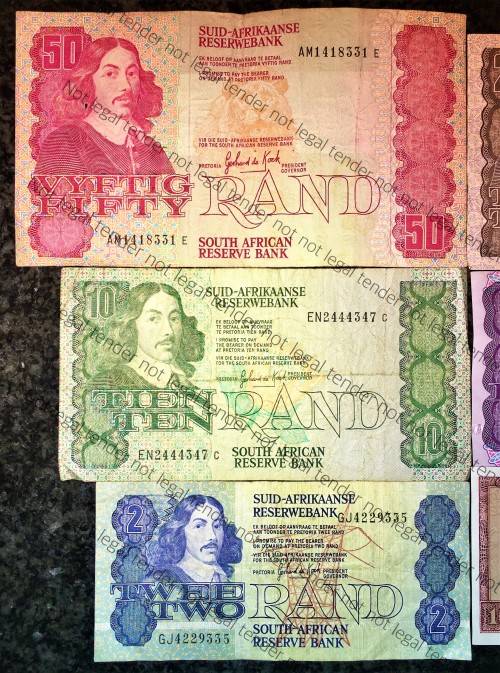 COMPLETE SET OF GPC DE KOCK & DECIMALS  R50 TO R2,,,1980s (R1 TW DE JONGH 1975)- (1 BID TAKES ALL)