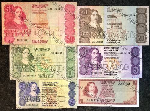COMPLETE SET OF GPC DE KOCK & DECIMALS  R50 TO R2,,,1980s (R1 TW DE JONGH 1975)- (1 BID TAKES ALL)