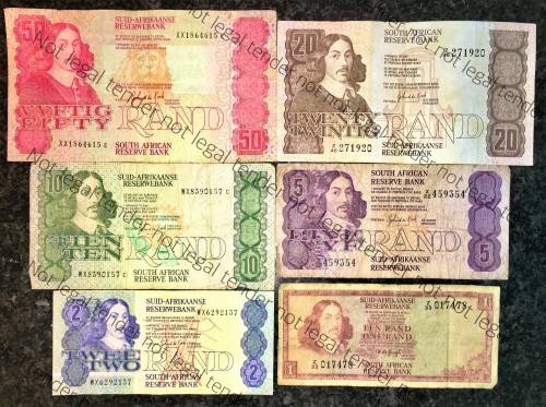 COMPLETE SET REPLACEMENT NOTES GPC DE KOCK &  DECIMALS 1980s,,, R50 - R1  [1 BID TAKES ALL]