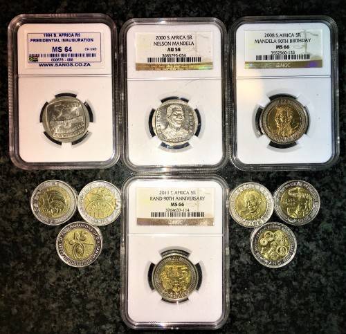 COMPLETE SET OF COMMEMORATIVE R5 COINS 1994 TO 2021 FOUR GRADED COINS & HIGH GRADE CIRCULATED COINS
