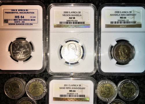 COMPLETE SET OF COMMEMORATIVE R5 COINS 1994 TO 2021 FOUR GRADED COINS & HIGH GRADE CIRCULATED COINS