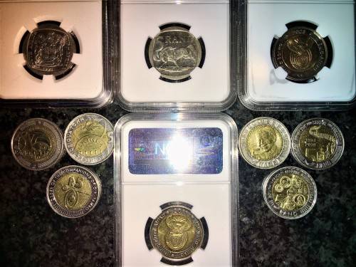 COMPLETE SET OF COMMEMORATIVE R5 COINS 1994 TO 2021 FOUR GRADED COINS & HIGH GRADE CIRCULATED COINS